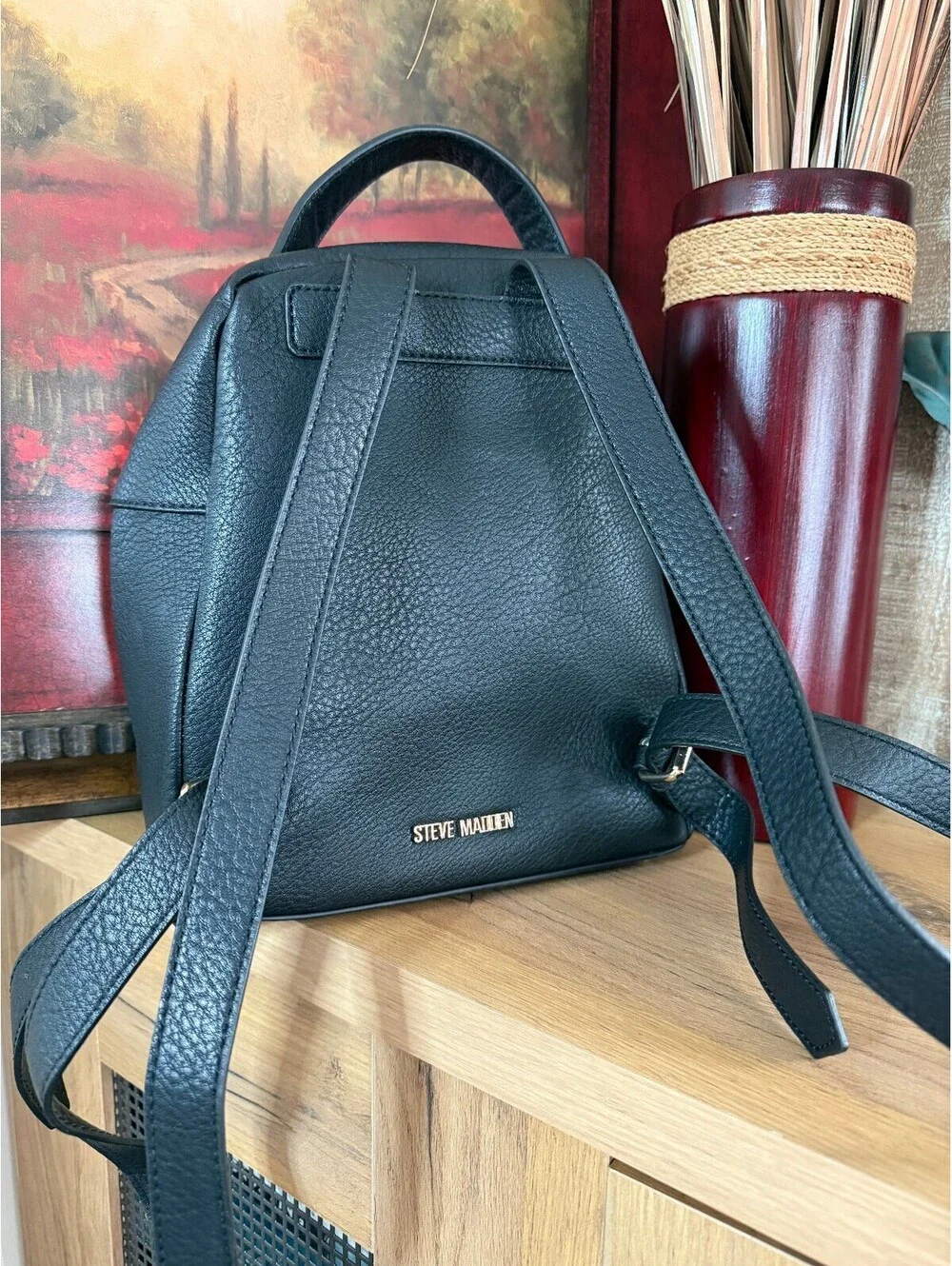 Steve Madden Black Floral Embroidered Faux Leather Backpack